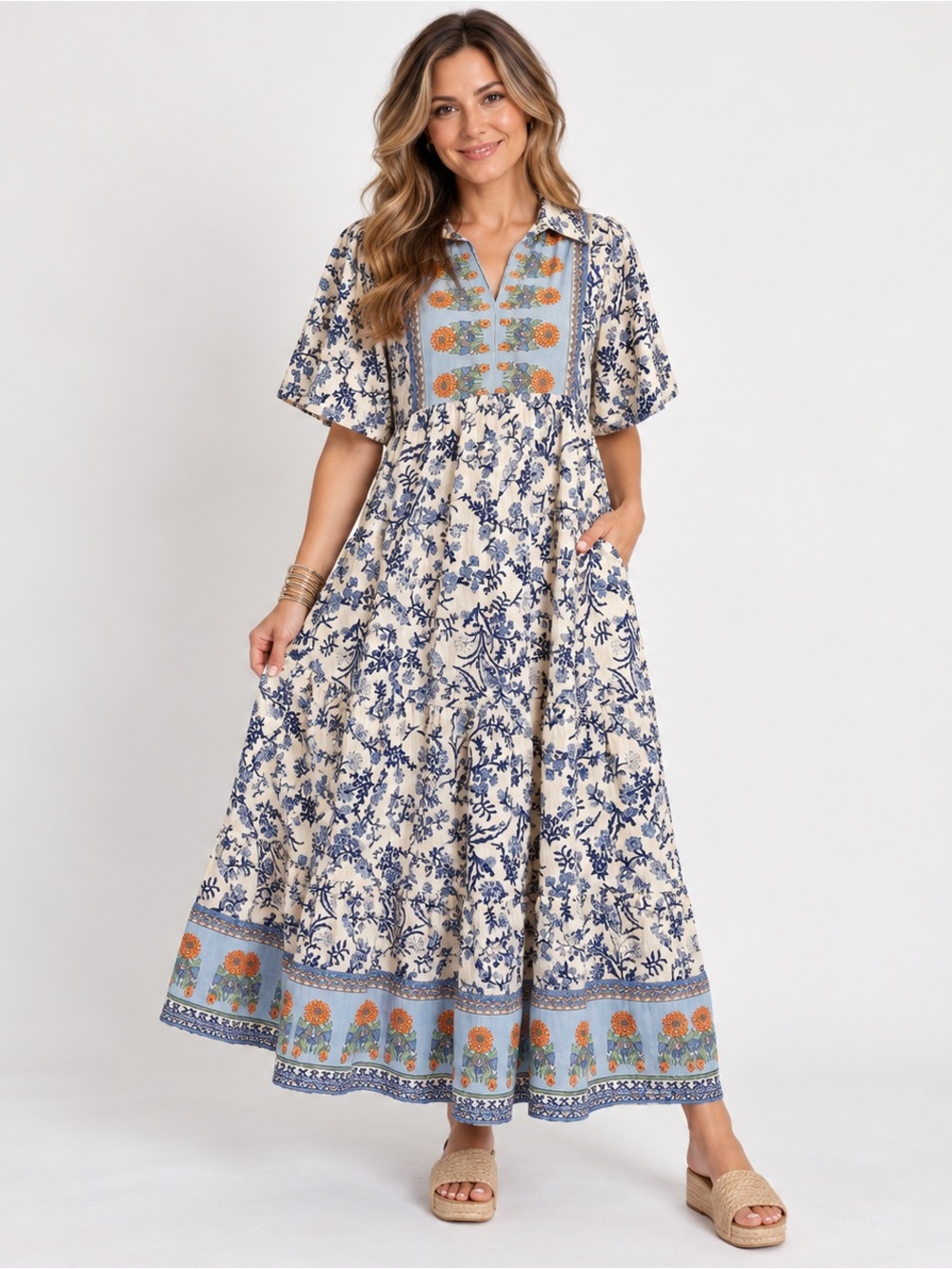 Umgee Floral Maxi Dress Blue White Orange Boho Tiered Cottagecore S